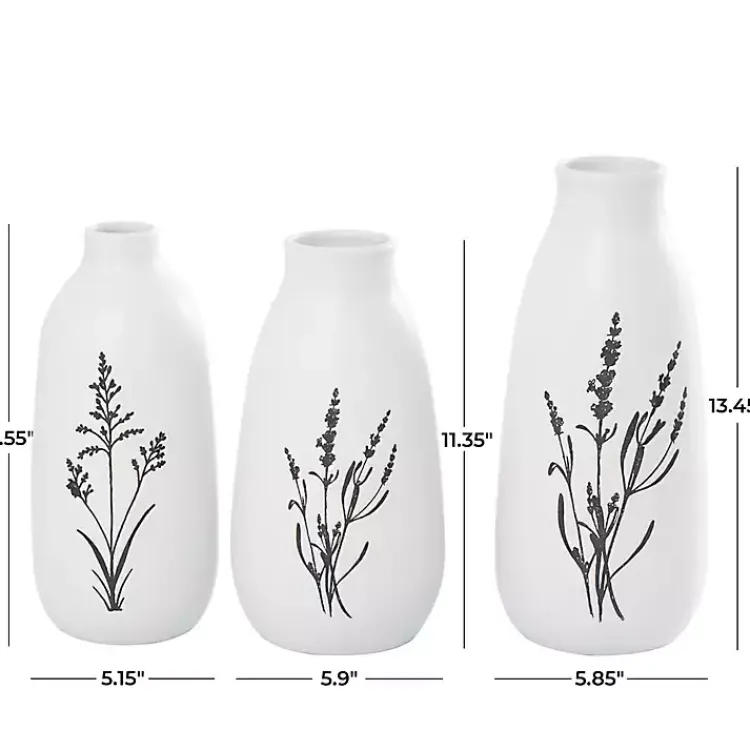 Vases>Kirklands Home White Ceramic Botanical Print Vases, Set of 3