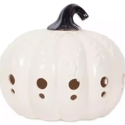 Lanterns>Kirklands Home Ceramic Leaf Pre-Lit Pumpkin Lantern White