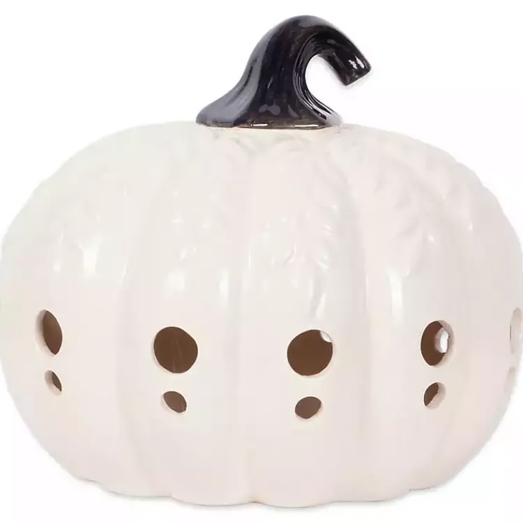 Lanterns>Kirklands Home Ceramic Leaf Pre-Lit Pumpkin Lantern White