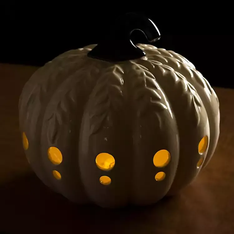 Lanterns>Kirklands Home Ceramic Leaf Pre-Lit Pumpkin Lantern White