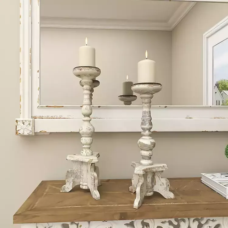Candle Holders>Kirklands Home Chipped Wood Pillar Candle Holders, Set of 2 White