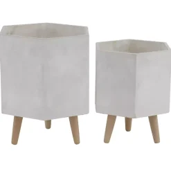 Kirklands Home Clay and Wood Hexagon Planters, Set of 2 White Discount