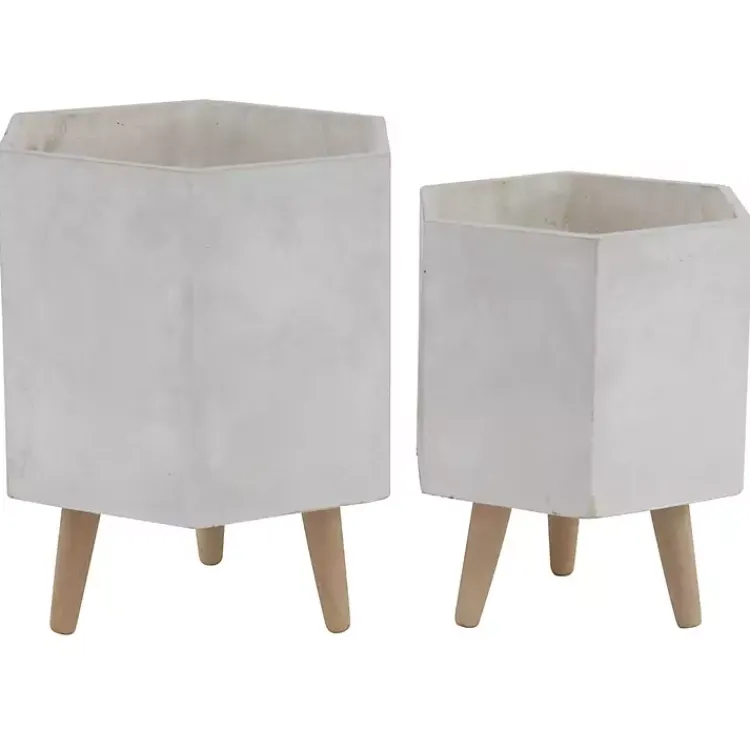 Kirklands Home Clay and Wood Hexagon Planters, Set of 2 White Discount