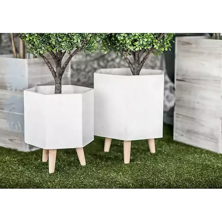 Kirklands Home Clay and Wood Hexagon Planters, Set of 2 White Discount