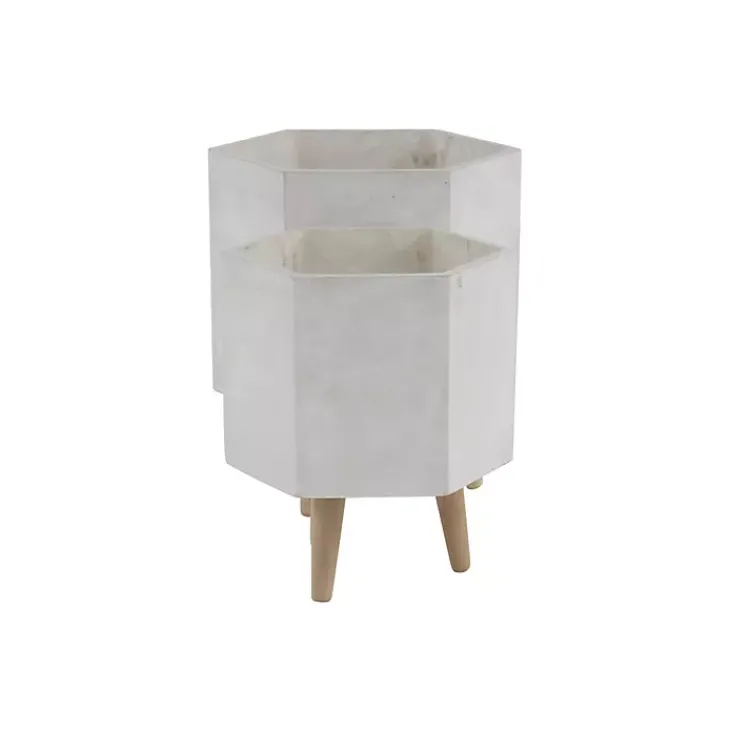 Kirklands Home Clay and Wood Hexagon Planters, Set of 2 White Discount