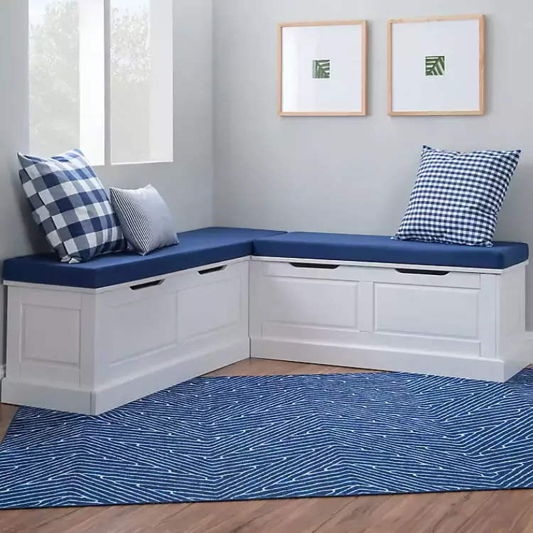 Kirklands Home White Corner Bench with Blue Cushions Outlet