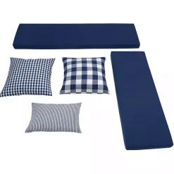 Kirklands Home White Corner Bench with Blue Cushions Outlet