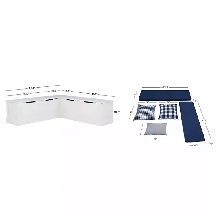 Kirklands Home White Corner Bench with Blue Cushions Outlet