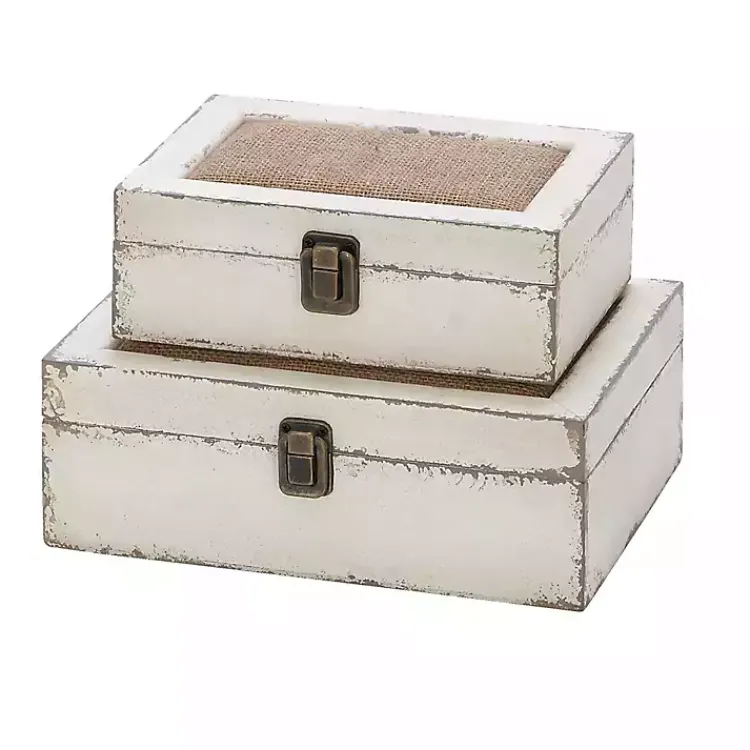 Baskets & Boxes>Kirklands Home Distressed Burlap Wooden Boxes, Set of 2 White