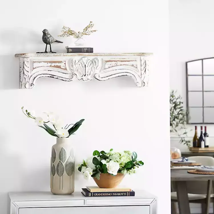Kirklands Home White Distressed Carved Wood Acanthus Wall Shelf New