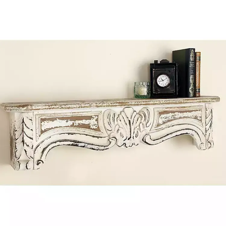 Kirklands Home White Distressed Carved Wood Acanthus Wall Shelf New