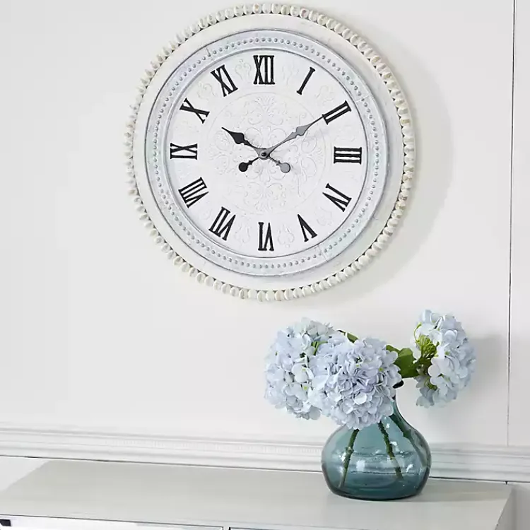 Kirklands Home White Distressed Wood Round Beaded Wall Clock Hot