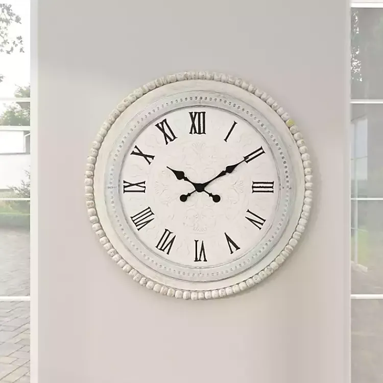 Kirklands Home White Distressed Wood Round Beaded Wall Clock Hot