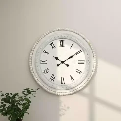 Kirklands Home White Distressed Wood Round Beaded Wall Clock Hot