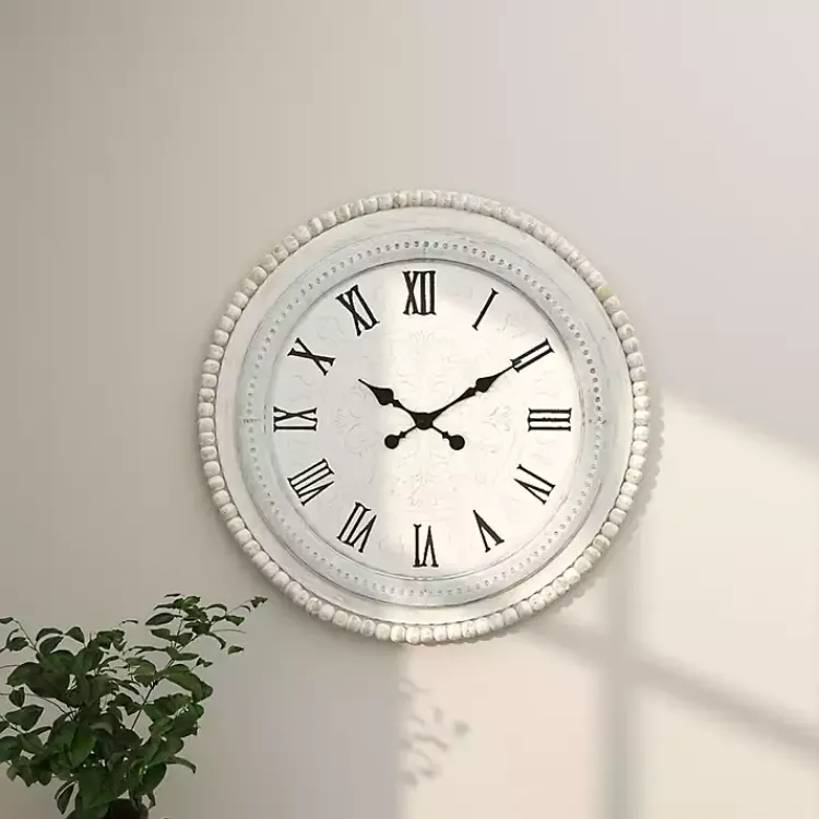 Kirklands Home White Distressed Wood Round Beaded Wall Clock Hot