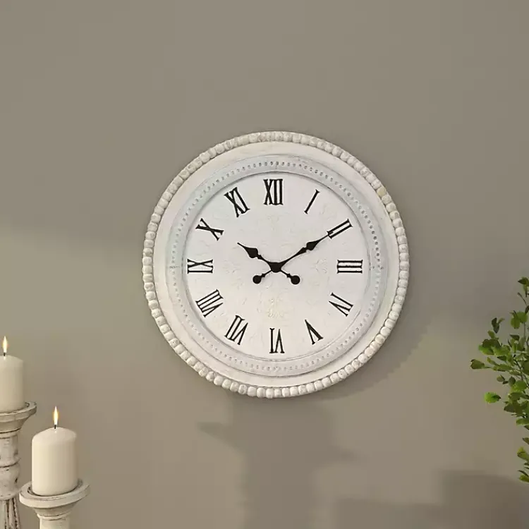Kirklands Home White Distressed Wood Round Beaded Wall Clock Hot