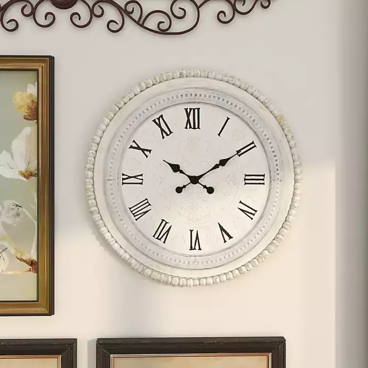 Kirklands Home White Distressed Wood Round Beaded Wall Clock Hot