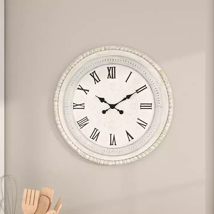 Kirklands Home White Distressed Wood Round Beaded Wall Clock Hot