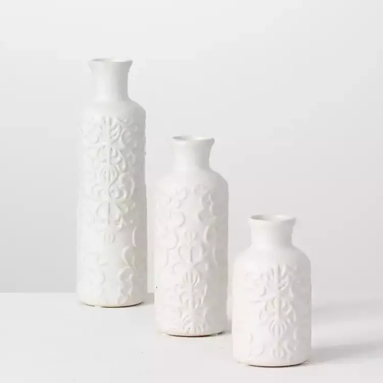 Vases>Kirklands Home Embossed Scrolling 3-pc. Vase Set White