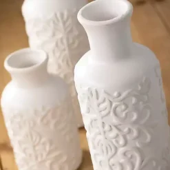 Vases>Kirklands Home Embossed Scrolling 3-pc. Vase Set White