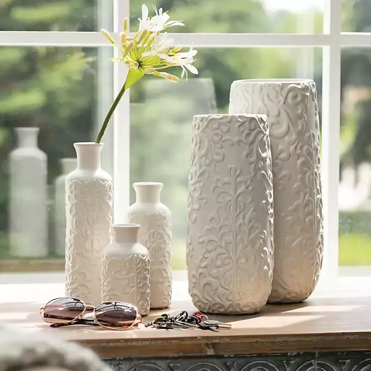 Vases>Kirklands Home Embossed Scrolling 3-pc. Vase Set White
