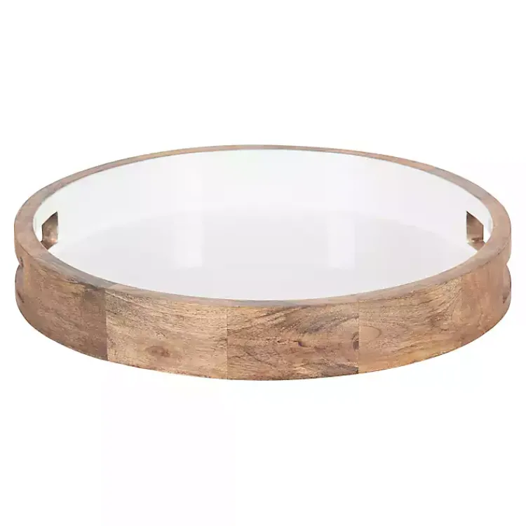 Decorative Trays>Kirklands Home White Enameled Round Mango Wood Tray