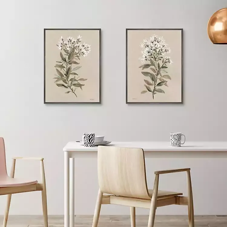 Kirklands Home White Floral Stems Framed Canvas Prints, Set of 2 New