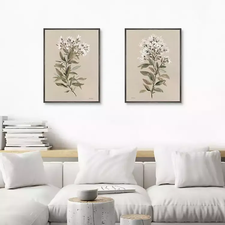 Kirklands Home White Floral Stems Framed Canvas Prints, Set of 2 New