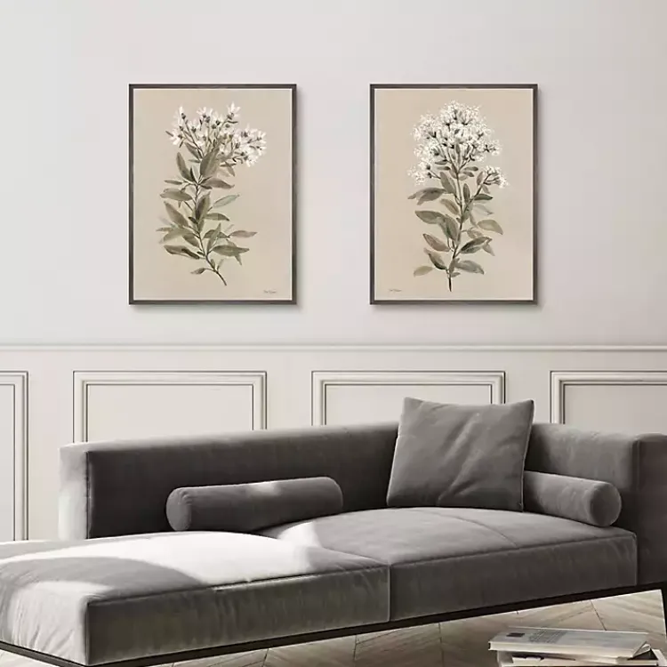 Kirklands Home White Floral Stems Framed Canvas Prints, Set of 2 New