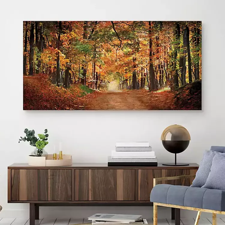 Kirklands Home White Horse In Autumn Canvas Art Print Orange Clearance