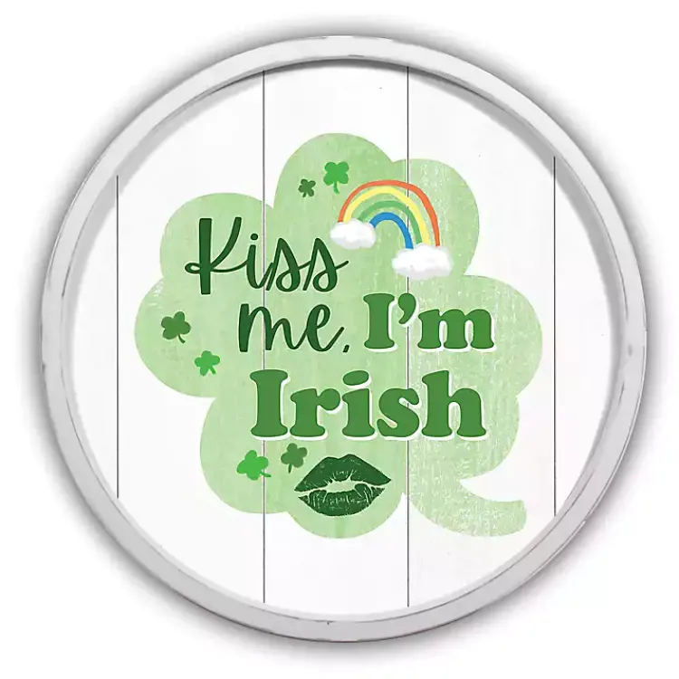 St Patricks Day Decorations>Kirklands Home Kiss Me I'm Irish Round Framed Art Print White