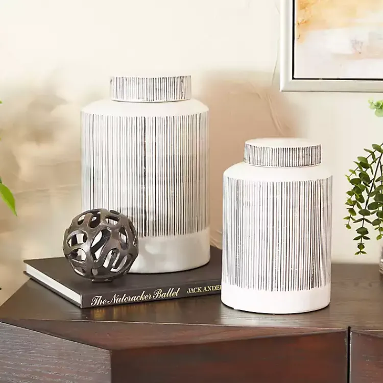 Decorative Bowls & Jars>Kirklands Home White Lined Ceramic Jars, Set of 2