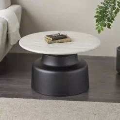 Kirklands Home Marble & Black Metal Pedestal Coffee Table White
