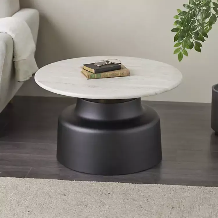 Kirklands Home Marble & Black Metal Pedestal Coffee Table White