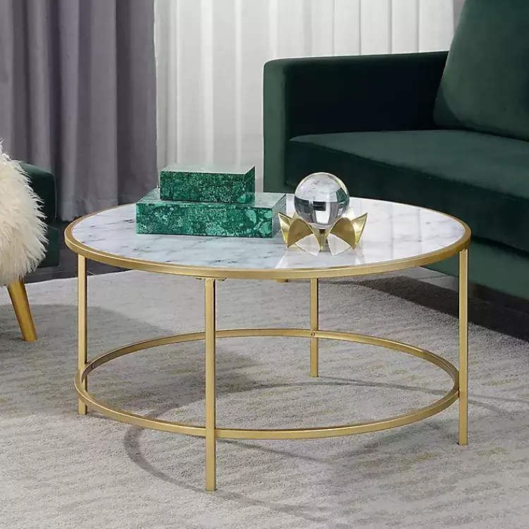 Kirklands Home White Marble & Metal Round Coffee Table Gold New