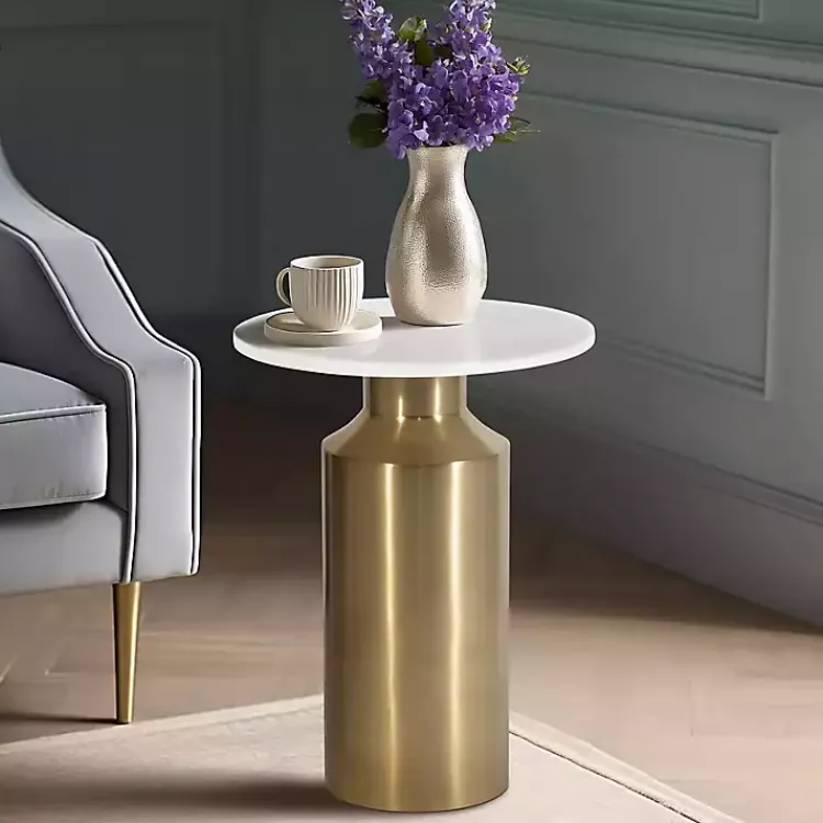Kirklands Home Marble and Gold Cylinder Accent Table White Clearance