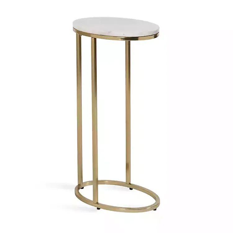 Kirklands Home Marble and Gold Oval C-Shape Accent Table White Clearance