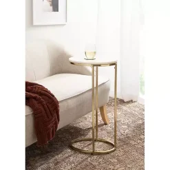 Kirklands Home Marble and Gold Oval C-Shape Accent Table White Clearance