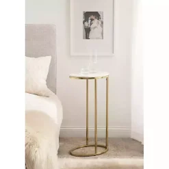 Kirklands Home Marble and Gold Oval C-Shape Accent Table White Clearance