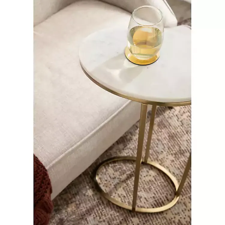 Kirklands Home Marble and Gold Oval C-Shape Accent Table White Clearance