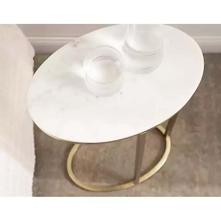 Kirklands Home Marble and Gold Oval C-Shape Accent Table White Clearance