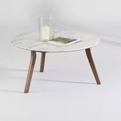 Kirklands Home White Marble and Wood Round Coffee Table Tan Online