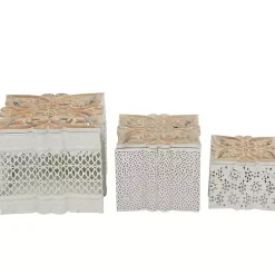 Baskets & Boxes>Kirklands Home White Metal and Carved Wood Boxes, Set of 3