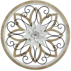 Kirklands Home White Metal and Wood Floral Round Wall Plaque Discount
