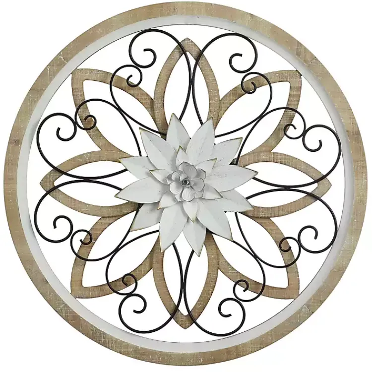 Kirklands Home White Metal and Wood Floral Round Wall Plaque Discount