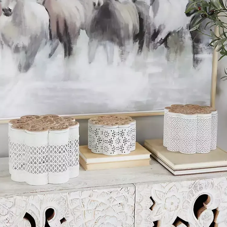 Baskets & Boxes>Kirklands Home Metal Floral Carved Boxes, Set of 3 White
