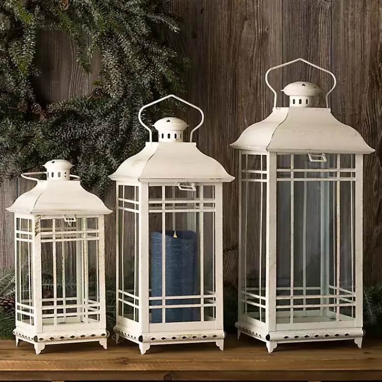 Lanterns>Kirklands Home Metal Windowpane Lanterns, Set of 3 White