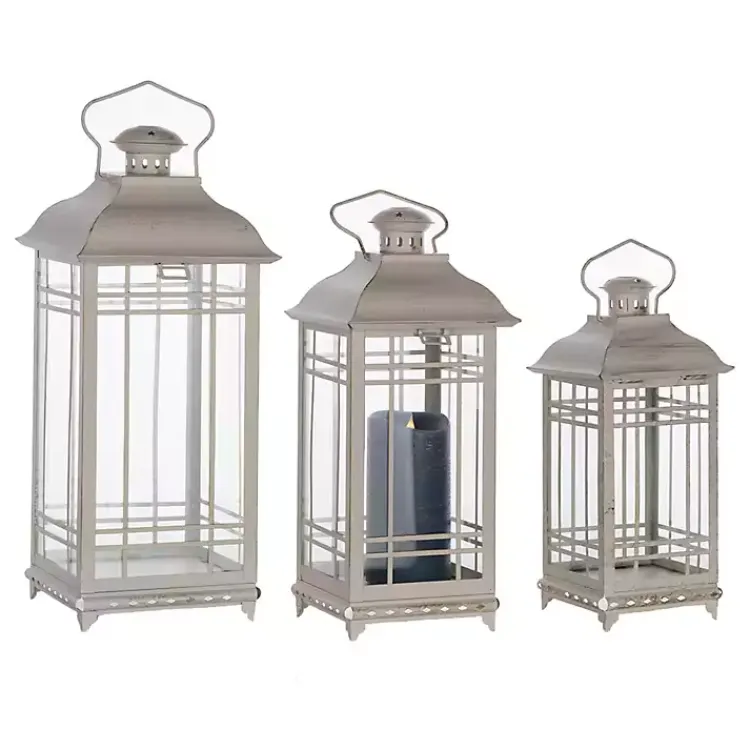 Lanterns>Kirklands Home Metal Windowpane Lanterns, Set of 3 White