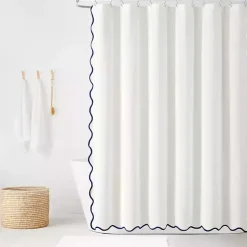 Kirklands Home White Navy Scalloped Coastal Shower Curtain Best