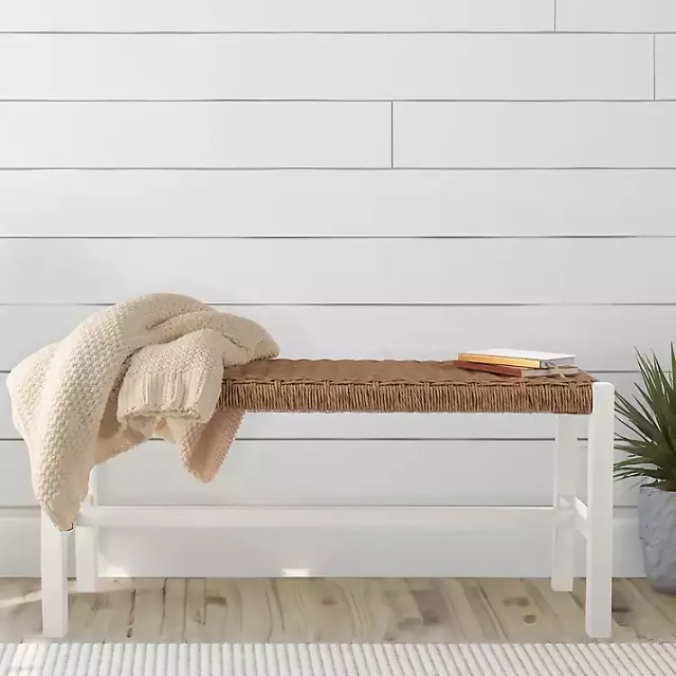 Kirklands Home White Newport Wood and Rattan Bench Brown New